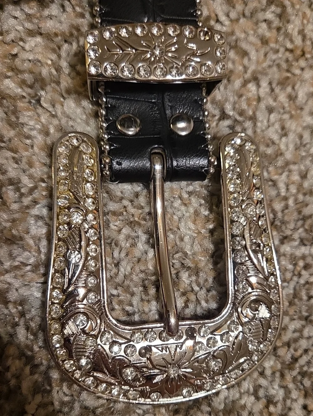 Black Western Belt with Rhinestone Floral Details and Silver Buckle